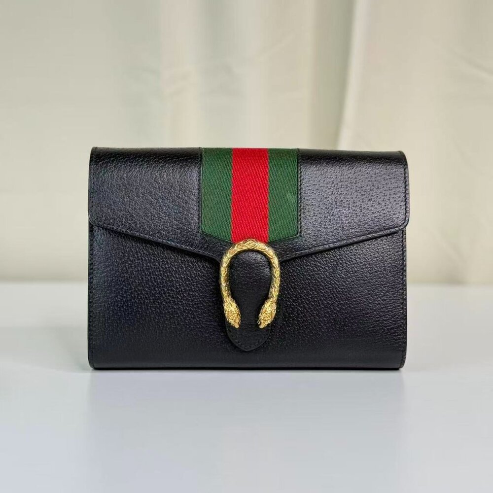 Gucci Black Leather Small Dionysus Crossbody Bag with Iconic Green & Red Webbing - Picture 2 of 8